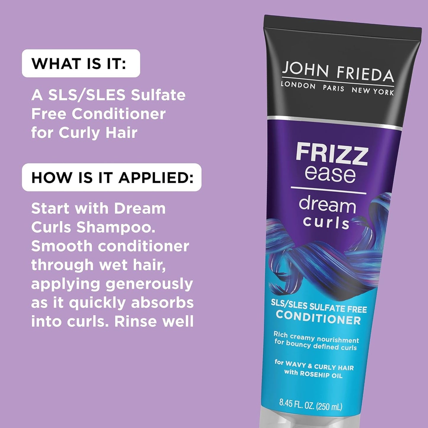 Frizz Ease Dream Curls Conditioner, Hydrates and Defines Curly, Wavy Hair, Helps Control Frizz, SLS/SLES Sulfate Free, Enhances Natural Curls, 8.45 Fluid Ounces