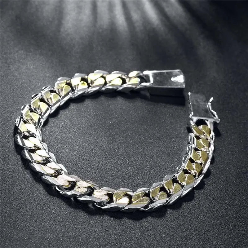 925 Sterling Silver Gold Color Exquisite 10mm Chain Bracelet for Women and Man Wedding Engagement Party Jewelry