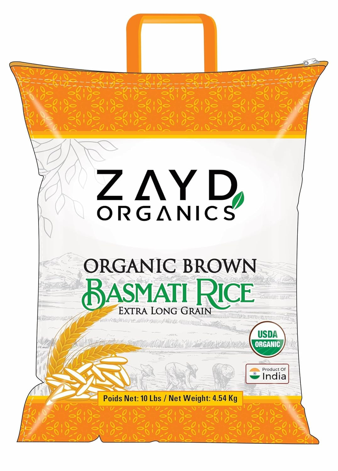 Zayd Organic Brown Basmati Rice, Indian Traditional Extra Long Basmati Rice, Vegan, Fresh, USDA Organic, 10Lbs