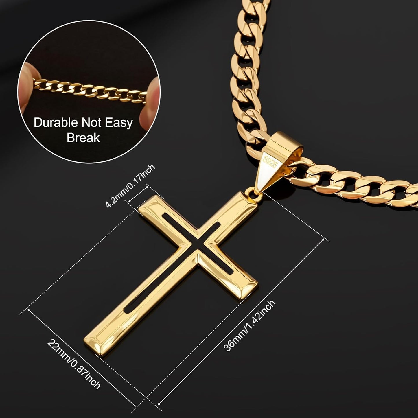 925 Sterling Silver Cross Necklace for Men Women，Black Cross Necklaces with 4.5MM Durable Stainless Steel Cuban Link Curb Chain，18K Gold over Real Silver Cross Pendant Necklace 16-28 Inches