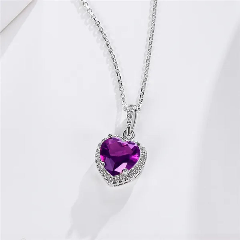 Women's Birthstone Necklace Ruby/Sapphire/ Amethyst Jewelry 925 Sterling Silver Chain Love Heart Pendant Crystal  12 Month Birth Stones Pendant for Women Girls, 誕生石,pierre de naissance,Valentines gift