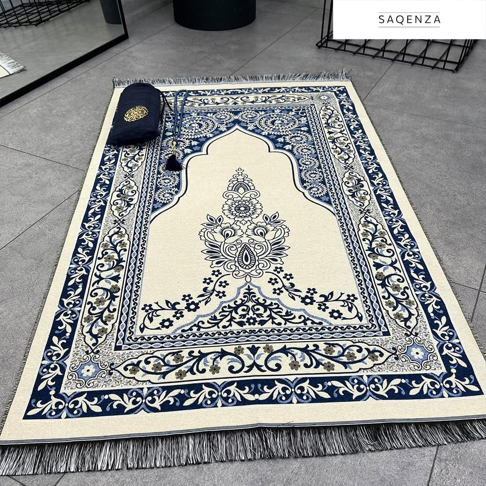 Prayer Rug - Muslim Prayer Rug - Prayer Mat Travel Bag and Prayer Beads - Muslim Gifts for Men Women and Kids (Darkblue 2