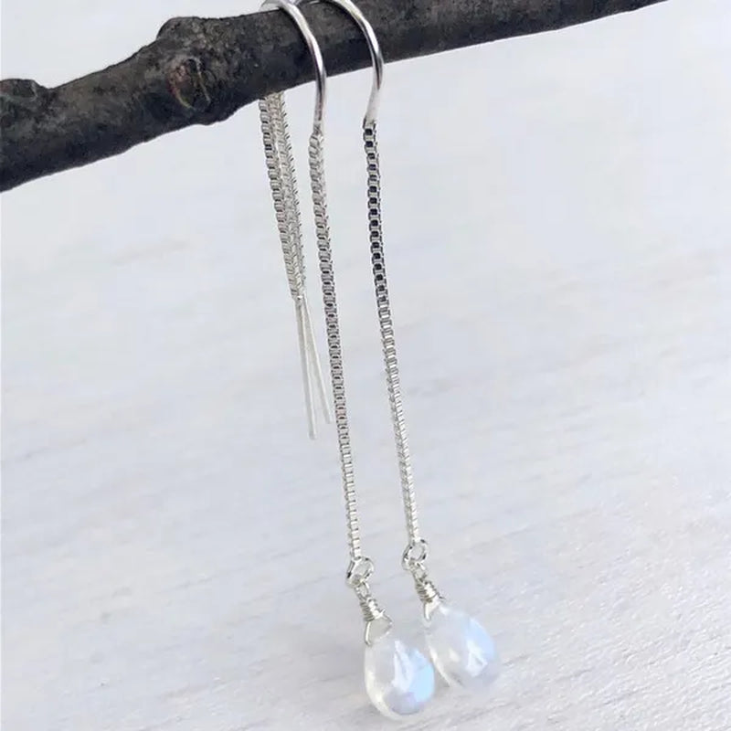 Moonstone Threader Earrings, Rainbow Moonstone Earrings, Minimalist Jewelry, Pull Through Chain Ear Threader, Summer Earrings, Gift for Her