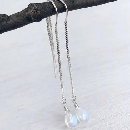 Moonstone Threader Earrings, Rainbow Moonstone Earrings, Minimalist Jewelry, Pull Through Chain Ear Threader, Summer Earrings, Gift for Her