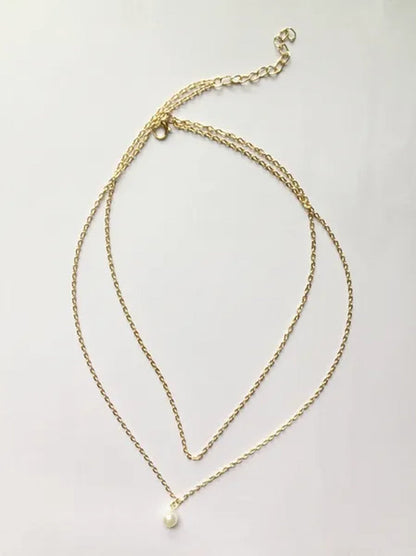 Womens Double Gold Plated Chains Pearl Charm Pendant Necklace