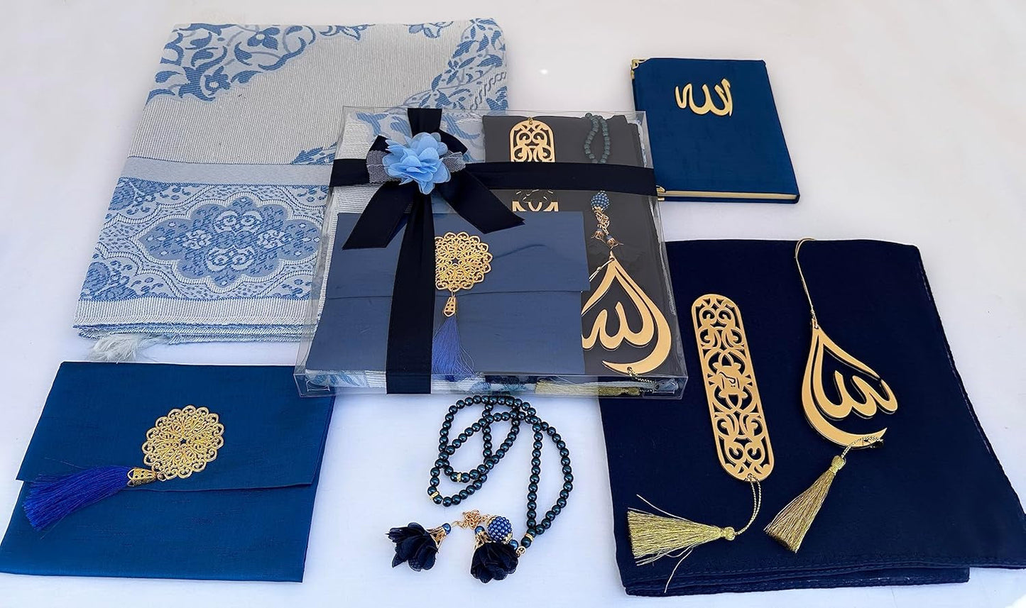 Muslim Prayer Rug, 7 in One Gift Set, Prayer Mat Surah Book, Tasbeeh, Scarf, Surah Case, Bookmark, Car Mirror Hanger, Prayer Beads,Islamic Gift for Umrah, Hajj, Wedding, Janamaz (Blue)