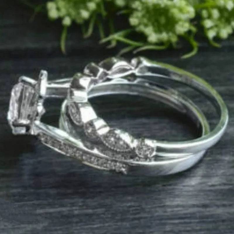 Exquisite Romantic 925 Standard Sterling Silver Fancy Engagement Princess Wedding Ring Love Diamond Set Size 6-10