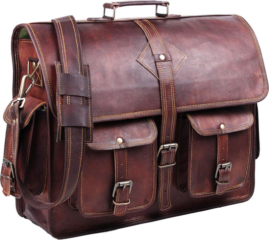 Vintage Leather Laptop Bag for Men Full Grain Large Leather Messenger Bag for Men 18 Inches with Rustic Look Brown Briefcase (Brown)