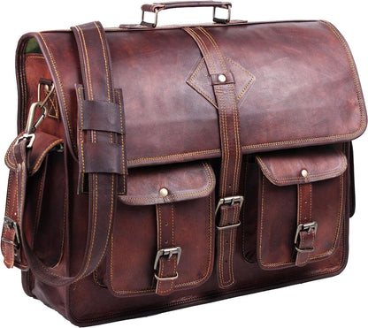 Vintage Leather Laptop Bag for Men Full Grain Large Leather Messenger Bag for Men 18 Inches with Rustic Look Best Leather Briefcase