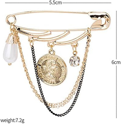 Paper Clip Long Chain Tassel Brooch Pin Waterdrop Pearl Crystal Dangle Lapel Pin Gold Coin Badge Brooch for Women Men Girls Sweater Shawl Clips Collar Pin