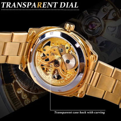 FORSINING New Top Quality Men Luxury Skeleton Automatic Winding Mechanical Watches Gold Stainless Steel Waterproof Wristwatch with Gift Box