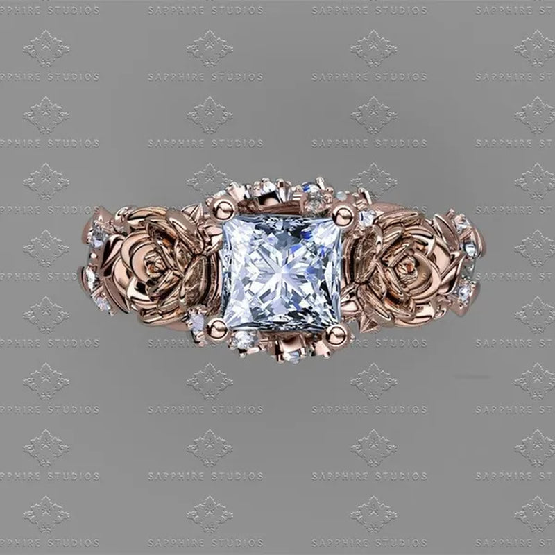 Women's Jewelry 925 Silver&Rose Gold White Sapphire Diamond Rose Flower Ring Bridal Wedding Engagement Ring