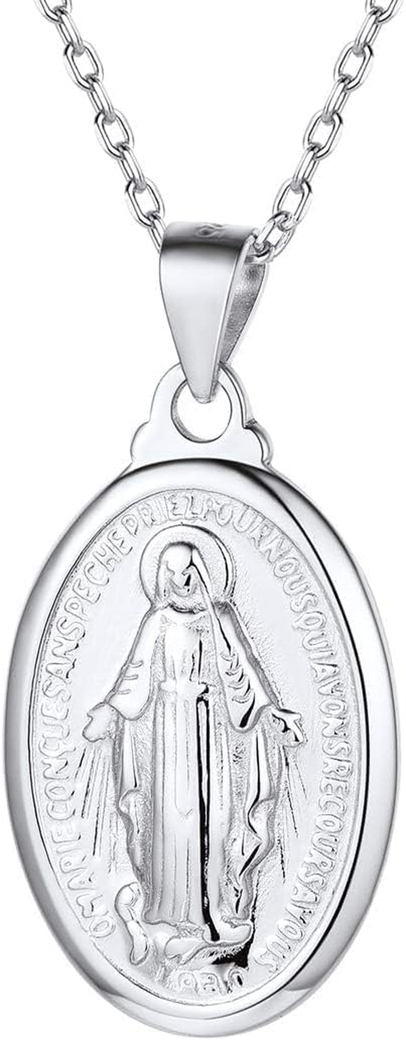 Personalized Virgin Mary Necklace 925 Sterling Silver Religious Christian Jewelry Oval Medal Coin Pendant Necklace for Women Men(With Gift Box)