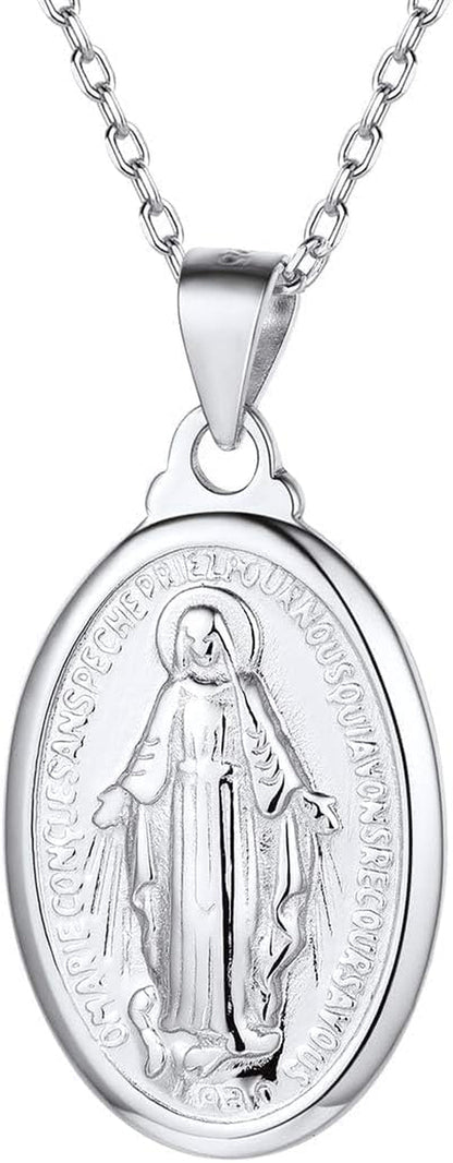 Personalized Virgin Mary Necklace 925 Sterling Silver Religious Christian Jewelry Oval Medal Coin Pendant Necklace for Women Men(With Gift Box)