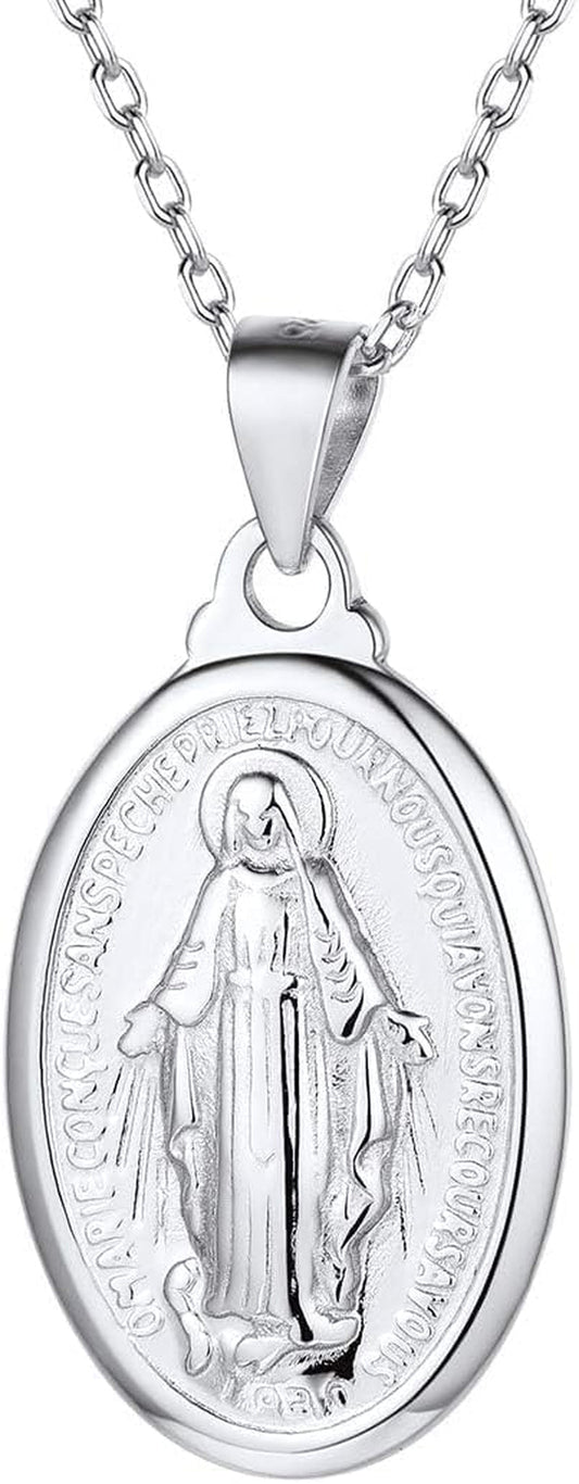 Personalized Virgin Mary Necklace 925 Sterling Silver Religious Christian Jewelry Oval Medal Coin Pendant Necklace for Women Men(With Gift Box)
