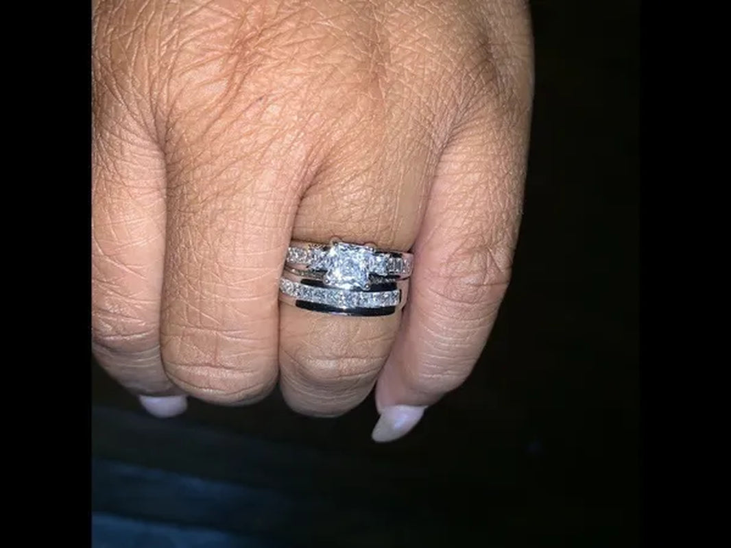 YOHAPP NEW Fashion Couple Rings Set Jewelry - Men's 8mm 316L Stainless Steel Titanium Ring and Women's Three Stone Princess Cut 1CT Diamond   Silver  Bridal Wedding Engagement Band Ring