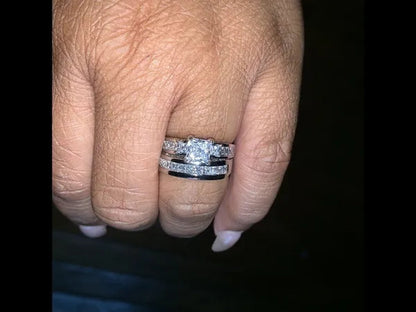 YOHAPP NEW Fashion Couple Rings Set Jewelry - Men's 8mm 316L Stainless Steel Titanium Ring and Women's Three Stone Princess Cut 1CT Diamond   Silver  Bridal Wedding Engagement Band Ring