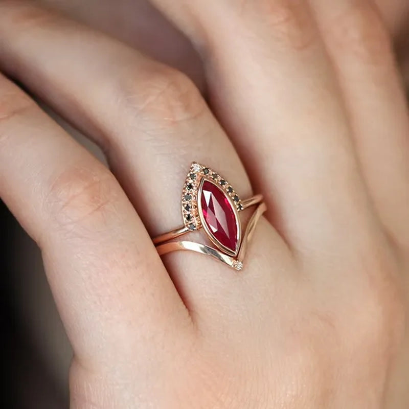 Unique Natural Rhombus 2 in 1 Ruby Engagement  Rose Gold Ring Marquise Bridal  Wedding Ring With Black Diamonds Women Ruby Ring Diamond Fine Jewelry
