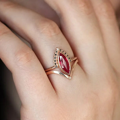 Unique Natural Rhombus 2 in 1 Ruby Engagement  Rose Gold Ring Marquise Bridal  Wedding Ring With Black Diamonds Women Ruby Ring Diamond Fine Jewelry