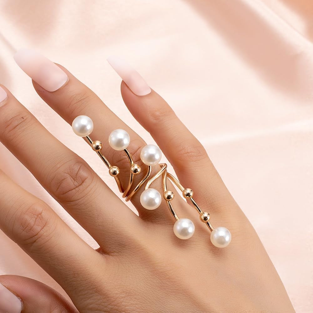 Gold Pearl Rings for Women Chunky Promise Ring Wrap Finger Rings Open Adjustable Stacking Ring Statement Party Prom Jewelry Gifts