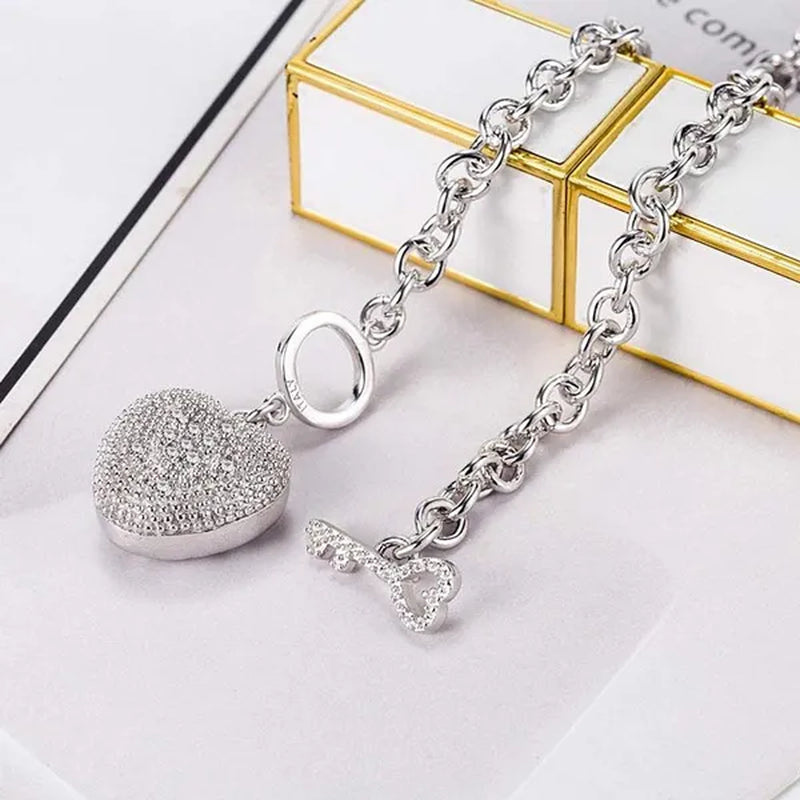 FASHION Women'S 925 Sterling Silver Necklace Noble Heart Pendant Necklace/Bracelet Solid Silver Rolo Chain Birthday Party Jewelry