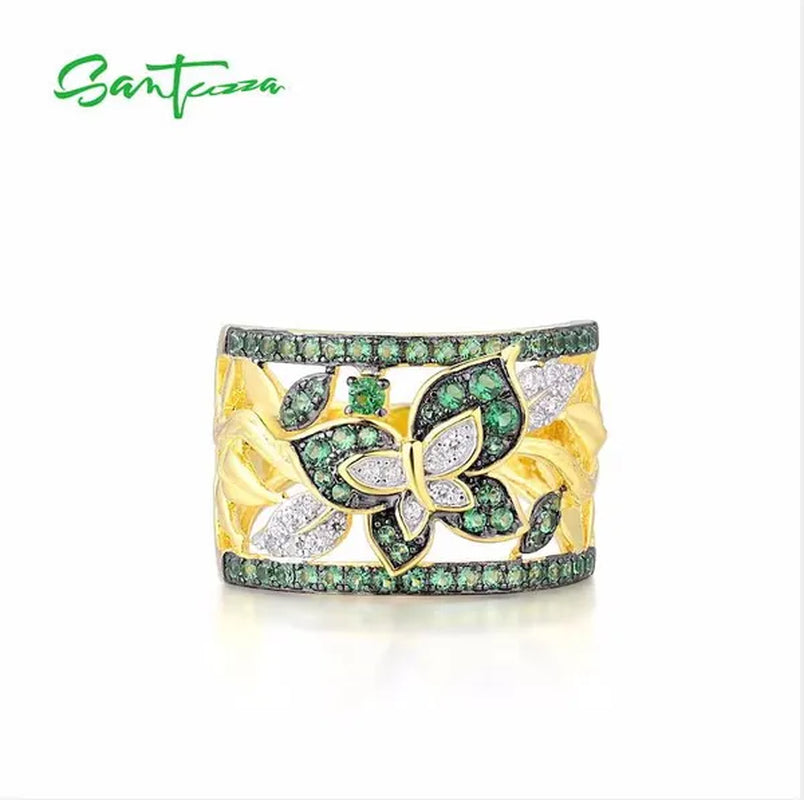 Luxury Exquisite Women's Fashion Gold Plated Cubic Zircon Handmade Green Butterfly Ring Anniversary Gift Engagement Bridal Wedding Jewelry Rings Size 5-10