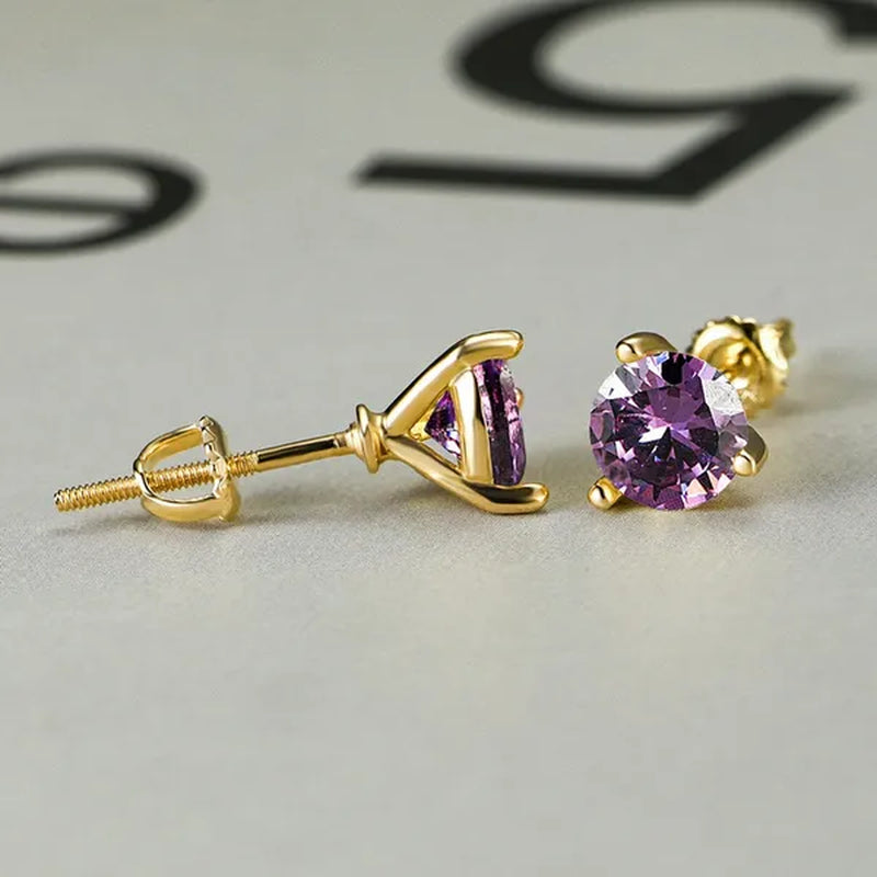 Chic 18K Gold Three-Prong Martini Round Amethyst Stud Earrings Bride Wedding Engagement Jewelry Gifts 6mm/7mm/8mm