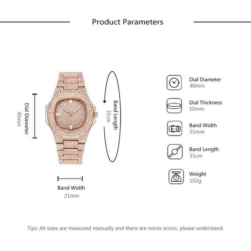 Fashion Gold Stainless Steel Hip Hop Jewelry Iced Out Diamond Thick Miami Cuban Link Chain Necklace Bracelet Watch Ring Jewelry Set