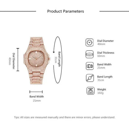 Fashion Gold Stainless Steel Hip Hop Jewelry Iced Out Diamond Thick Miami Cuban Link Chain Necklace Bracelet Watch Ring Jewelry Set