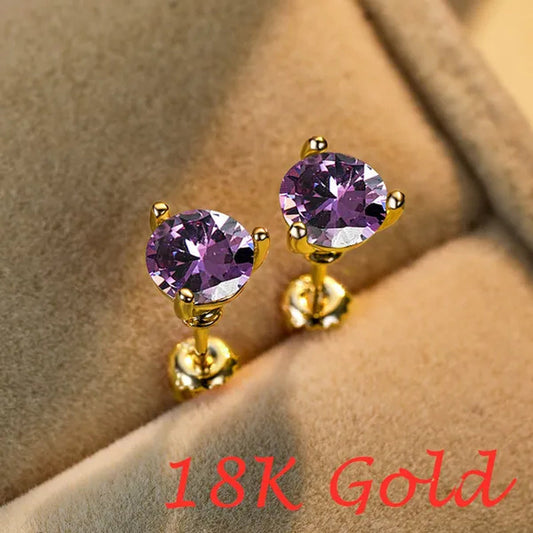 Chic 18K Gold Three-Prong Martini Round Amethyst Stud Earrings Bride Wedding Engagement Jewelry Gifts 6mm/7mm/8mm