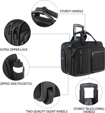 17.3 Inch Rolling Laptop Bag, Waterproof Overnight Rolling Bags, Laptop Bags for Travel/Work/Business, Stylish Carry on Briefcase, Black