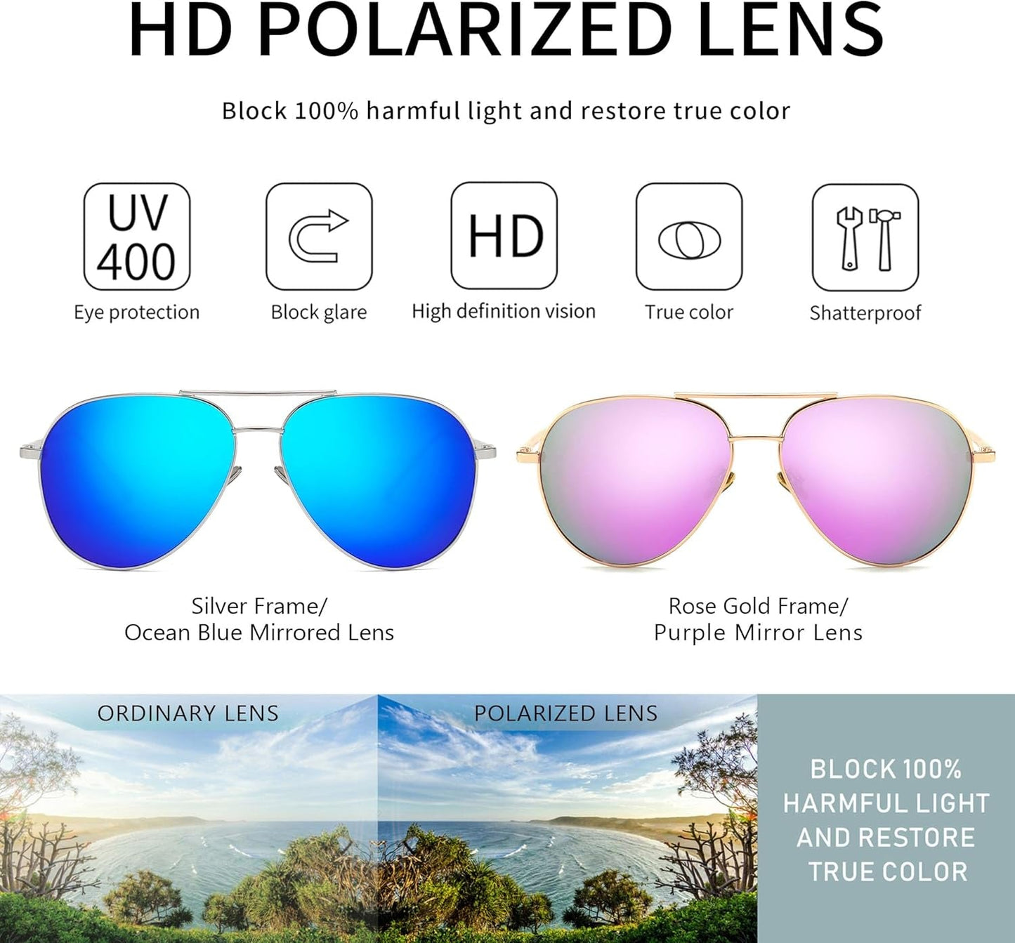 Women'S Lightweight Oversized Aviator Sunglasses - Mirrored Polarized Lens