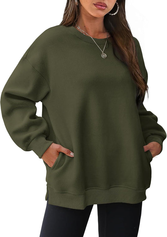 Womens Oversized Sweatshirts Crewneck Long Sleeve Tops Fleece Pullover Fall Fashion Clothes with Pocket