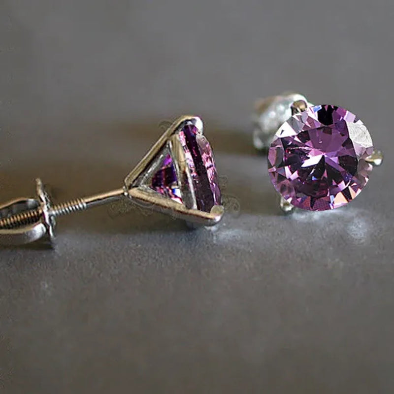 Chic 18K Gold Three-Prong Martini Round Amethyst Stud Earrings Bride Wedding Engagement Jewelry Gifts 6mm/7mm/8mm
