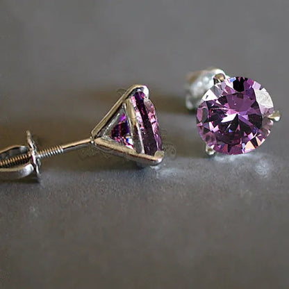 Chic 18K Gold Three-Prong Martini Round Amethyst Stud Earrings Bride Wedding Engagement Jewelry Gifts 6mm/7mm/8mm