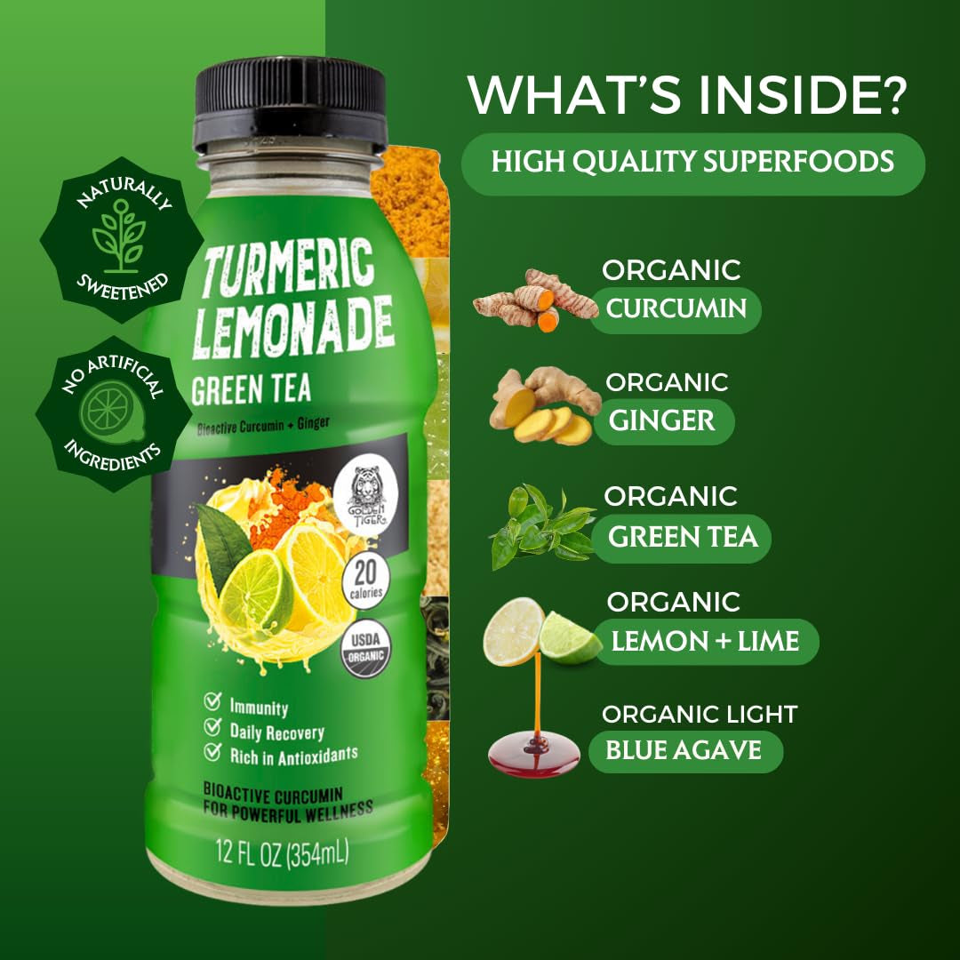 Still Turmeric Lemonade, Green Tea - Organic Superfood-Infused Sports Drink with Curcumin & Ginger - Antioxidants for Recovery and Immunity, 4G Sugar (12 Bottles)
