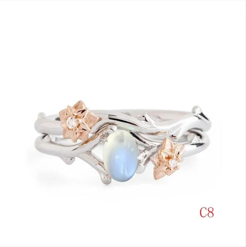 Vintage Maple Leaves & Flower Ring Set Antique Silver Women'S Fashion Twig Leaf Opal & Moonstone Ring Anniversary Gift Engagement Bridal Wedding Jewelry Rings Size 5-10