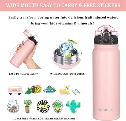 Kids Water Bottle with Straw Spout Wide Mouth Lid 20 Oz Double Walled Metal Insulated Stainless Steel Water Bottles Leak Proof with Strap Handle for Boys Girls School (Pink, 1 Lid）