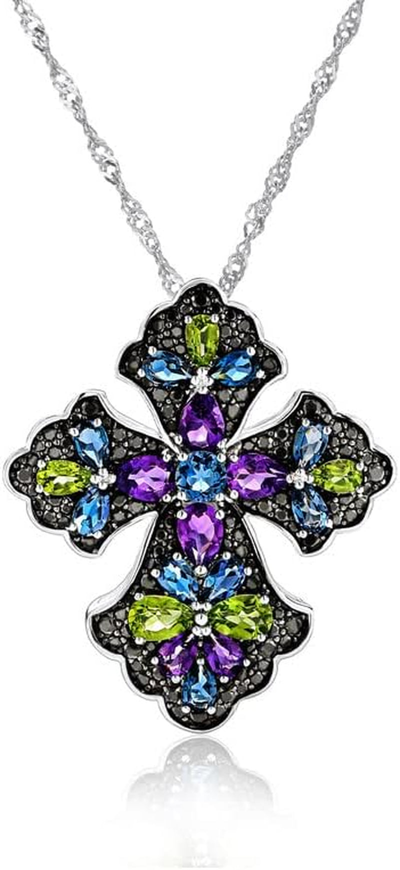 Women'S Stunning Colorful Diamond Cross Pendant Sterling Silver Chain Gemstone Cross Necklaces 18", Various Styles