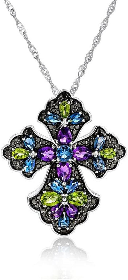 Women'S Stunning Colorful Diamond Cross Pendant Sterling Silver Chain Gemstone Cross Necklaces 18", Various Styles