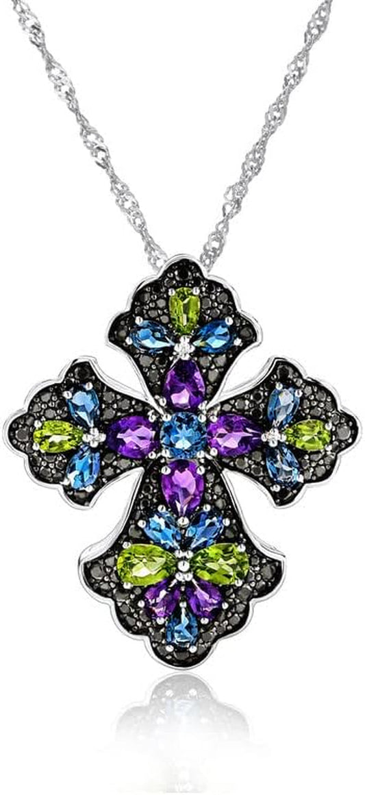 Women'S Stunning Colorful Diamond Cross Pendant Sterling Silver Chain Gemstone Cross Necklaces 18", Various Styles