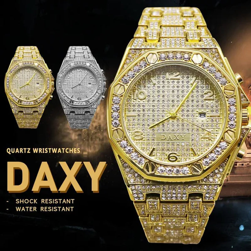 Mens Fashion Watches Luxury Gold Analog Watch Calender Man Hip Hop Bracelet Watch Diamond Quartz Wristwatches