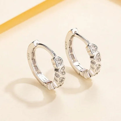 Women Fashion Cute 925 Sterling Silver Diamond Heart Shaped Hoop Earrings