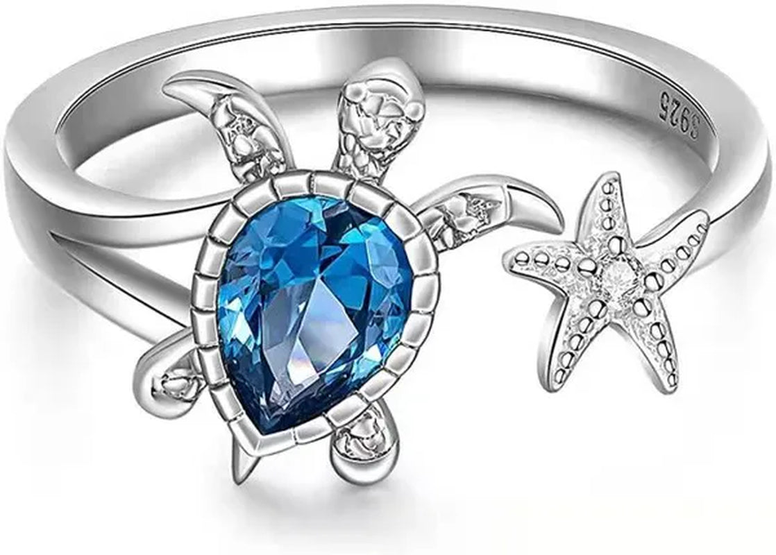 Unique Fashion Turtle Ring Sea Turtle Starfish Rings for Women Blue Stone Cute Ocean Gifts Animal Zircon Ring Girl Birthday Party Wedding Jewelry