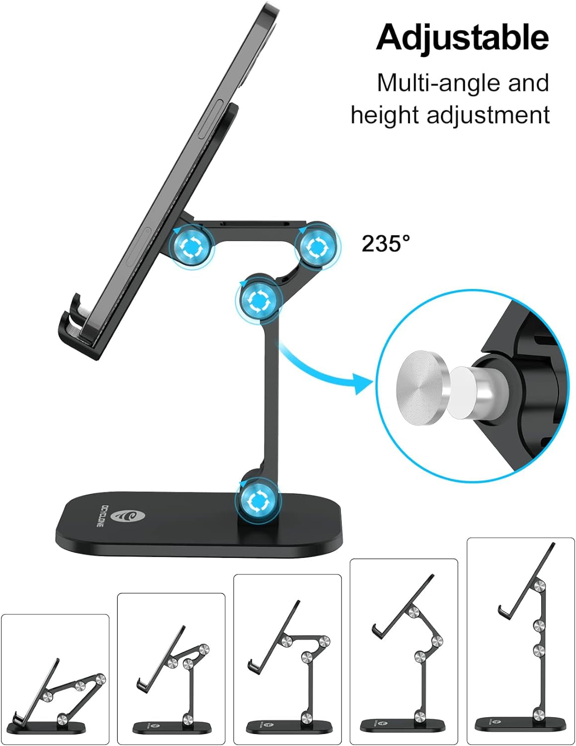 Phone Stand, Adjustable Height and Angle Cell Phone Stand for Desk Foldable Holder, Taller Iphone Stand Compatible 4-11 Inch All Mobile Phone/Ipad/Tablet - Black
