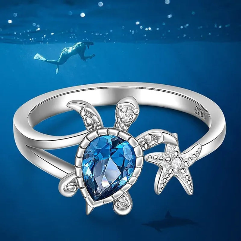Unique Fashion Turtle Ring Sea Turtle Starfish Rings for Women Blue Stone Cute Ocean Gifts Animal Zircon Ring Girl Birthday Party Wedding Jewelry