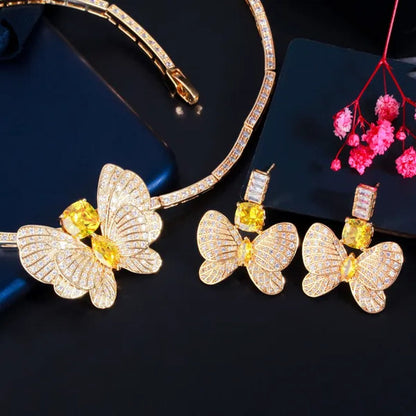 CANDICE Statement Citrine Butterfly Design Pendant Earrings Choker Necklace Micro CZ Temperament Luxury Jewelry Set Dress Accessories