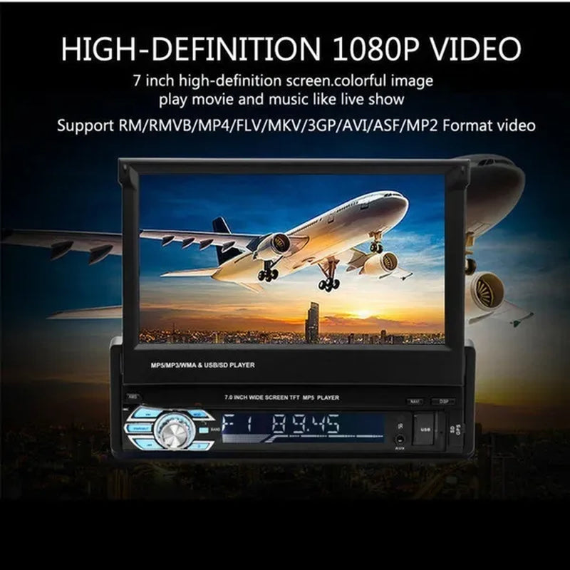 1DIN 7" HD Retractable Touch Screen Car Stereo Audio Bluetooth Car Radio Support Bluetooth/Usb/Aux/Fm/Am Mirrorlink+ SWC+ Rearview Camera (Optional)