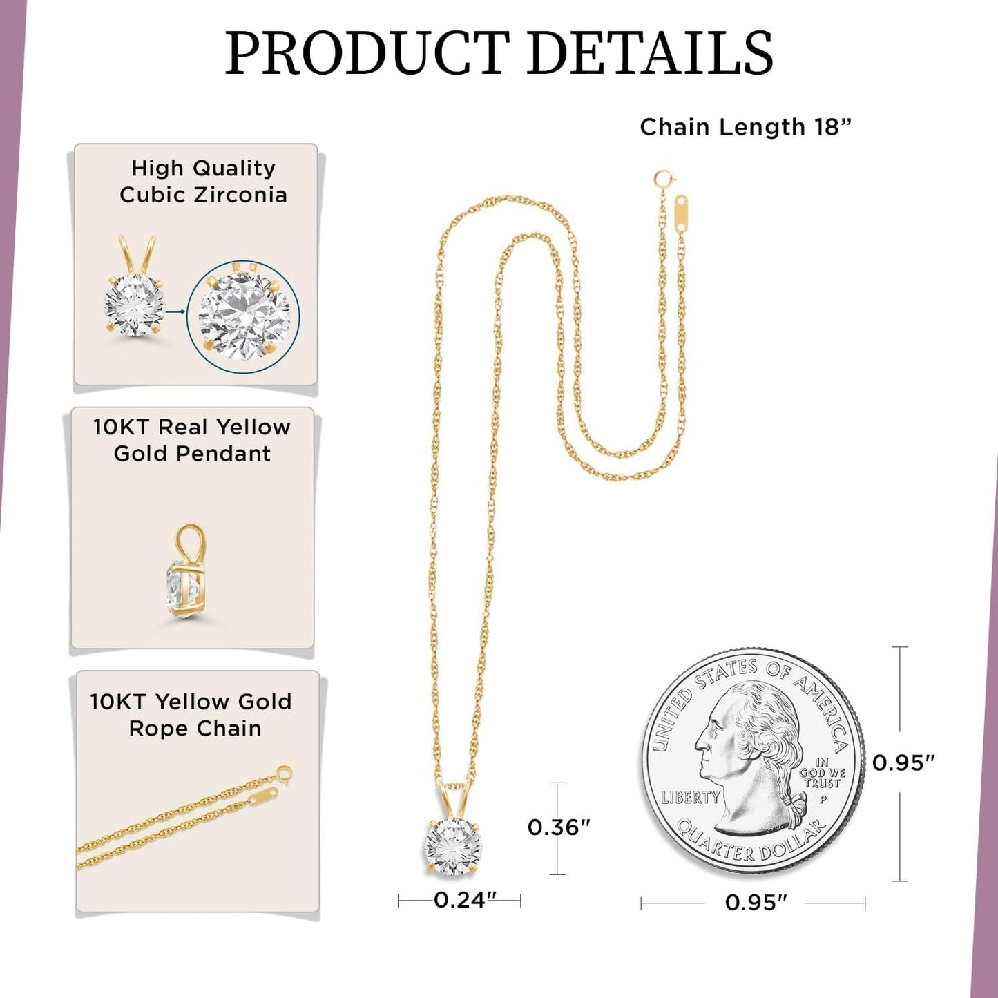 10K Solitaire Pendant Necklace for Women | Yellow or White Gold 6.5MM (1 Cttw) or 7.5MM (1.5 Cttw) or 8.0MM (2.0 Cttw) round Cut Cubic Zirconia Necklace | 18” Rope Chain | with Jewelry Gift Box