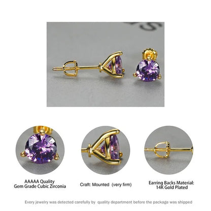 Chic 18K Gold Three-Prong Martini Round Amethyst Stud Earrings Bride Wedding Engagement Jewelry Gifts 6mm/7mm/8mm